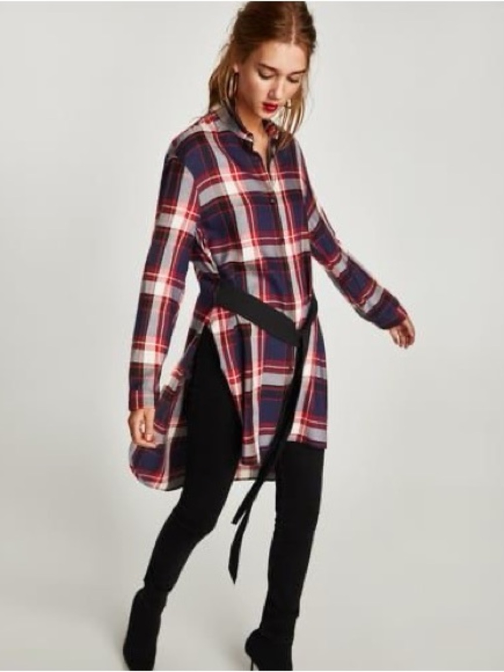 New Zara Navy, Red & White Plaid Long-sleeve Button Down Belted Tunic Too